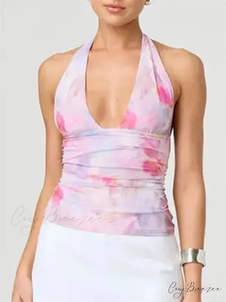 Alluring Tie-up Halter Tie-dye Ruched Crop Top croptop-250126