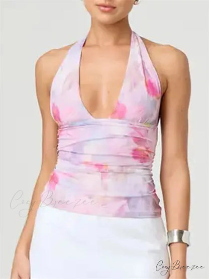 Alluring Tie-up Halter Tie-dye Ruched Crop Top croptop-250126