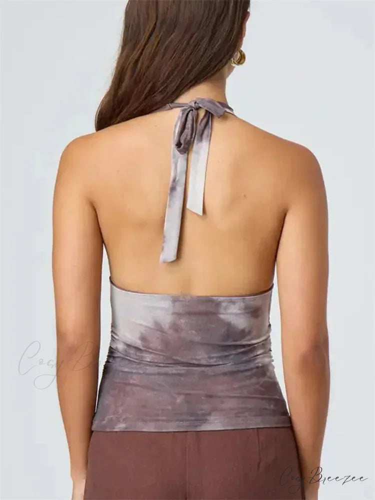 Alluring Tie-up Halter Tie-dye Ruched Crop Top croptop-250126