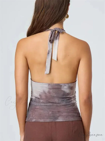 Alluring Tie-up Halter Tie-dye Ruched Crop Top croptop-250126