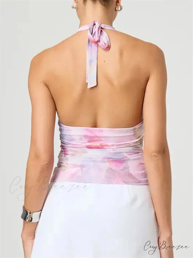 Alluring Tie-up Halter Tie-dye Ruched Crop Top croptop-250126