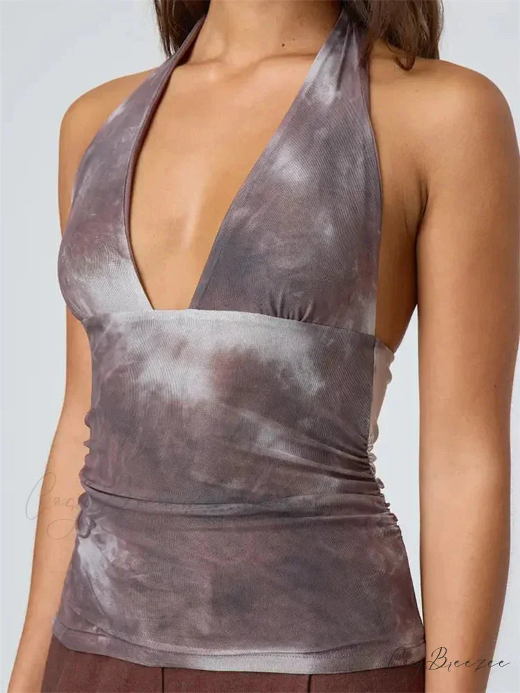 Alluring Tie-up Halter Tie-dye Ruched Crop Top GRAY / S croptop-250126