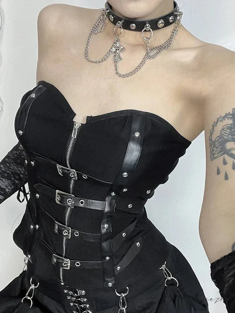 Alt Goth Gothic PU Patchwork Zipper Harajuku Crop Top Black / S