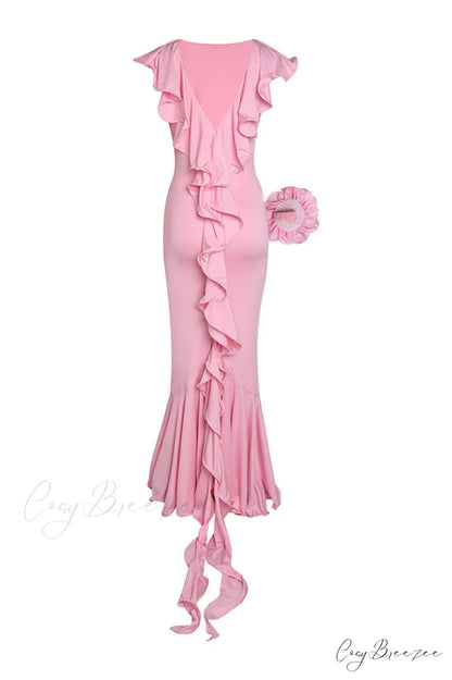 Amalie Ruffle Stylish Draped Maxi Dress S / Pink