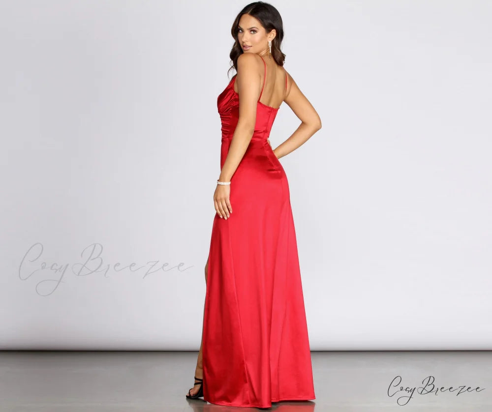 Amelia Formal High Charming Slit Satin Dress