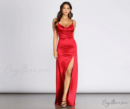 Amelia Formal High Charming Slit Satin Dress RED / S