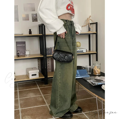 American Fashion Blue Jeans Waist Vintage High Streetwear Dark Leg Women - Denim Wide Trouser Nostalgic yellow / S