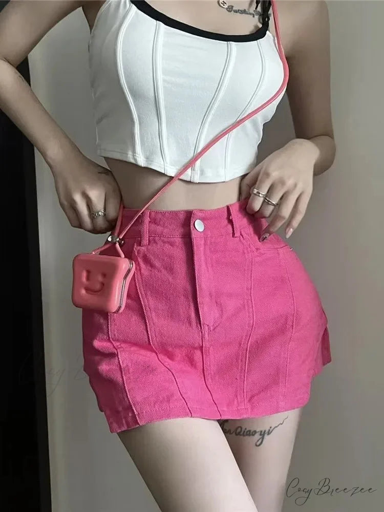 American Retro Spicy Girl Super Short Anti Glare Solid Color Pleated Low Waisted A-line Jean