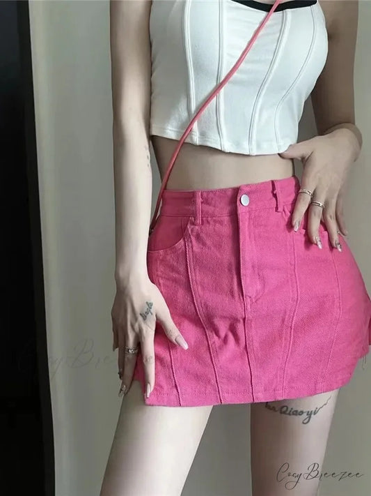 American Retro Spicy Girl Super Short Anti Glare Solid Color Pleated Low Waisted A-line Jean rose red / XS