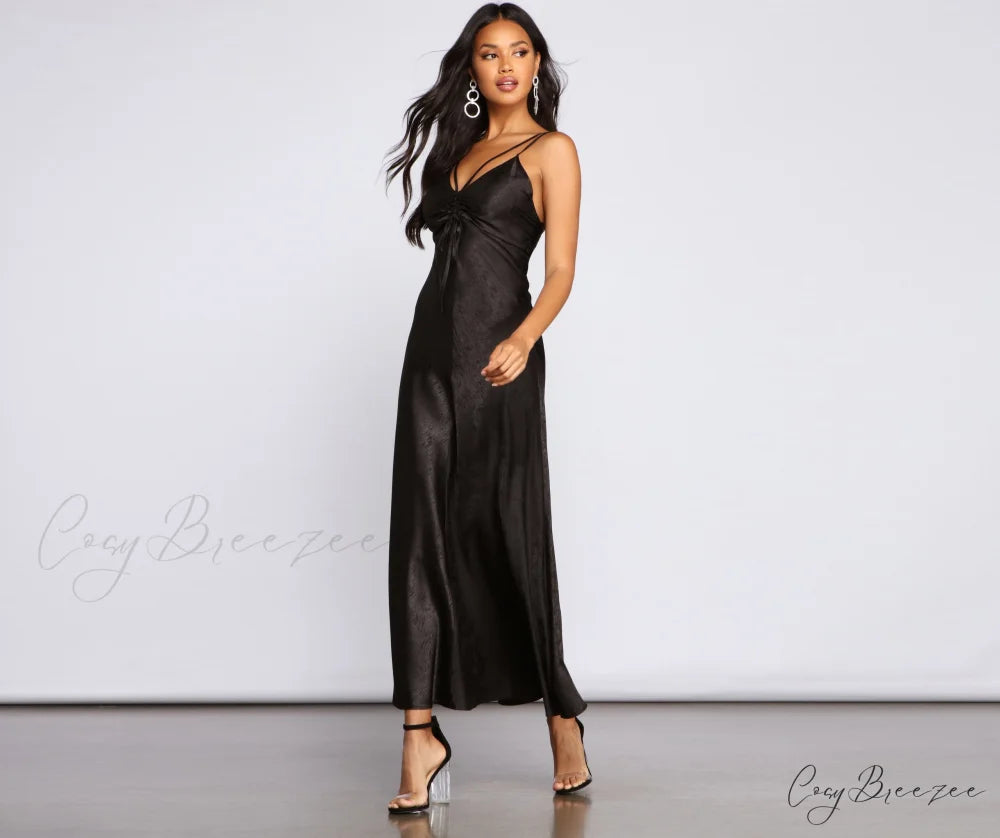 Amora Formal Ruched Charming Satin Slip Dress BLACK / S
