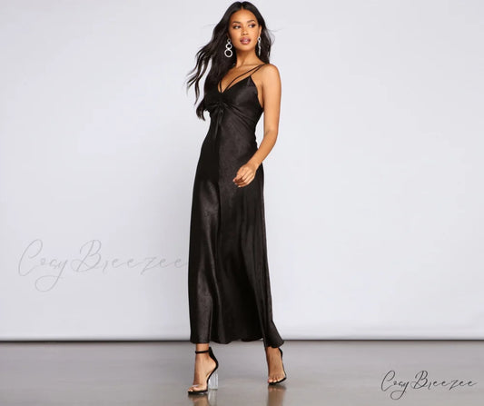 Amora Formal Ruched Charming Satin Slip Dress BLACK / S