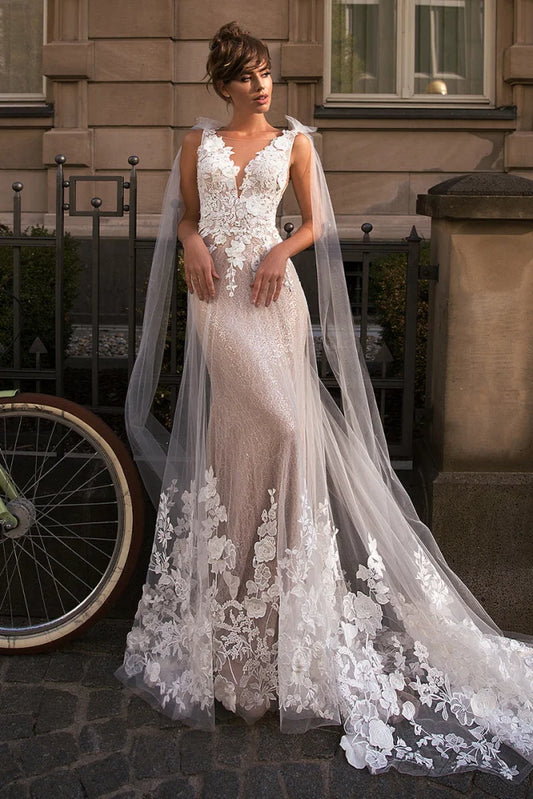 Amora Lace Applique Trendy Mermaid Wedding Dress Champagne / 2