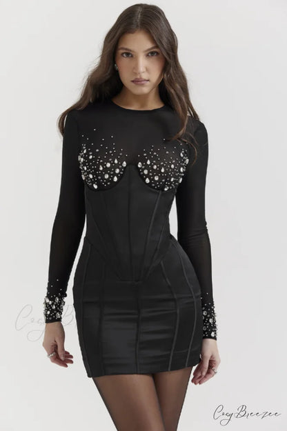 Anastasia Crystal Stylish Embellished Belted Dress XS / Black