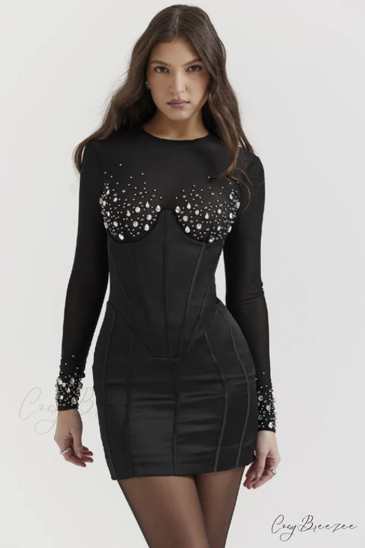 Anastasia Crystal Stylish Embellished Belted Dress XS / Black