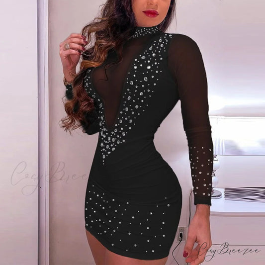and Arm Detail - Gown Diamond with Lace Long Sheer Mesh Elegant Sequined Patchwork Party Mini Women’s Bodycon Dress