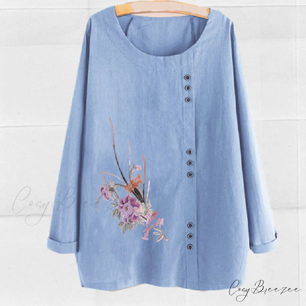 And Casual Cotton Flowered Linen Design Blouse Blue / S