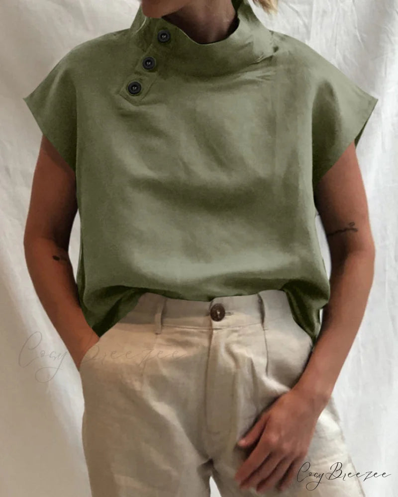 and Cotton Neckline Button Linen Stand Top