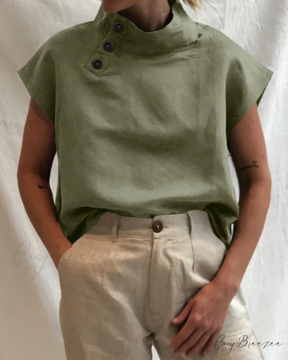 and Cotton Neckline Button Linen Stand Top