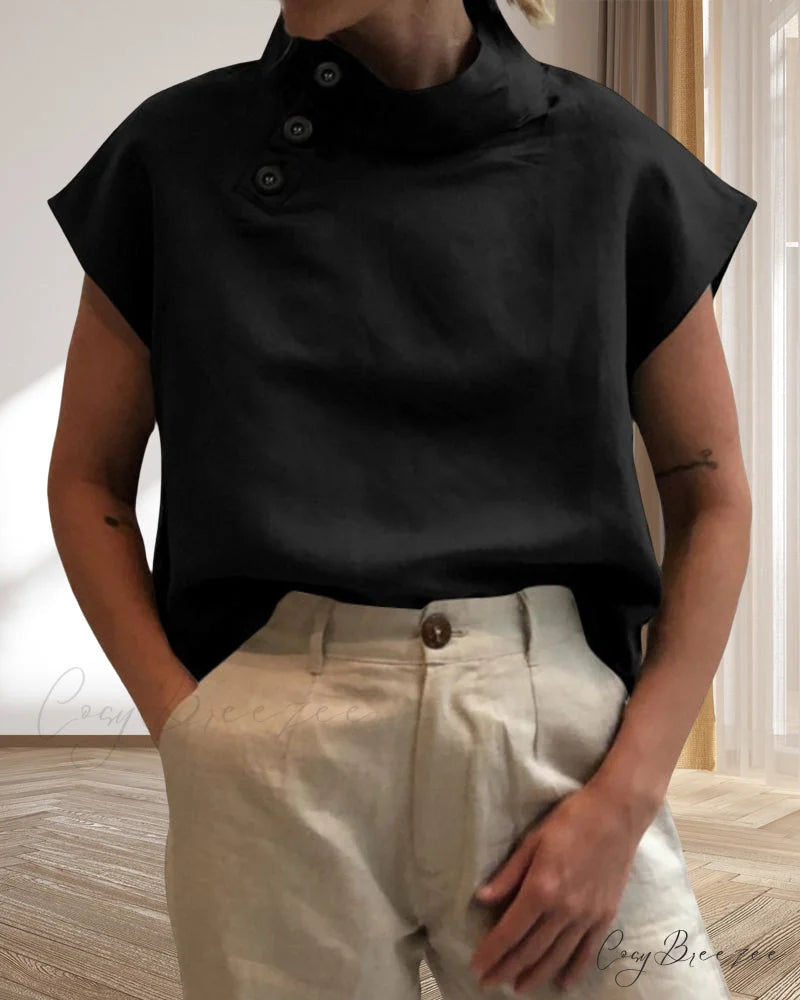 and Cotton Neckline Button Linen Stand Top Black / S