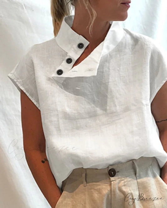 and Cotton Neckline Button Linen Stand Top White / S
