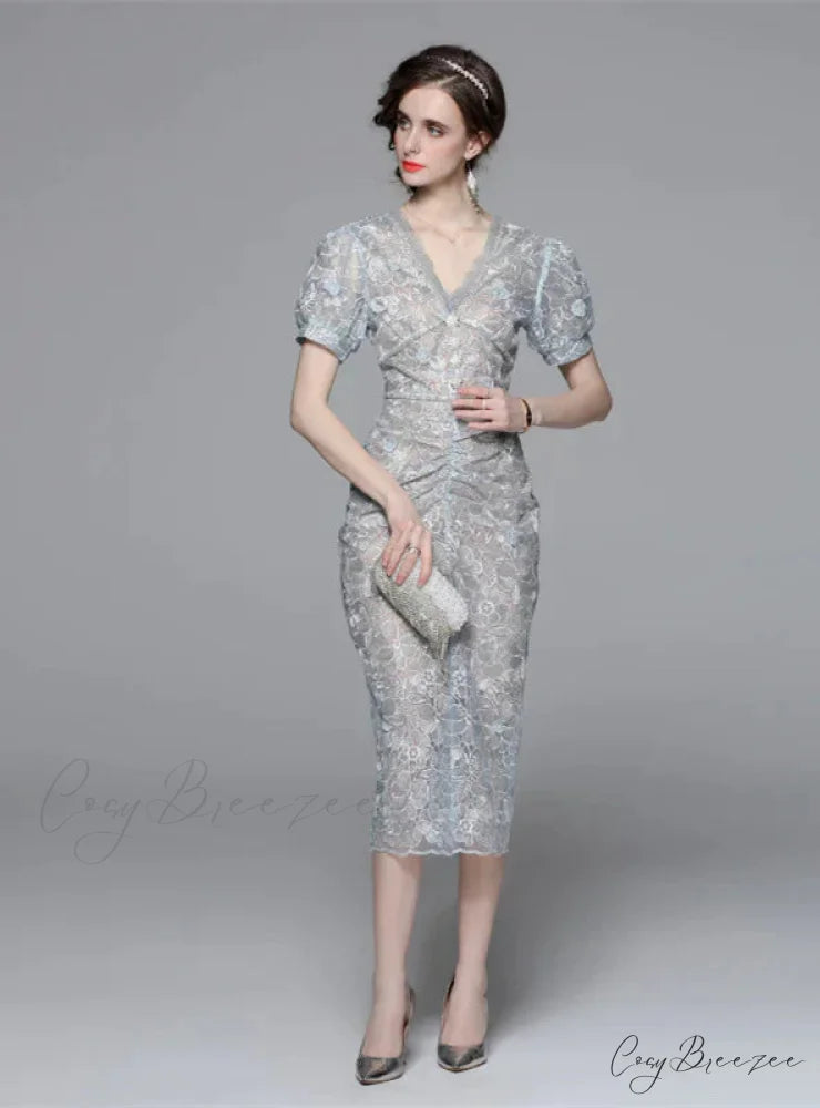 and Flower V-Neck Gown Embroidery Blue with Light Pleats