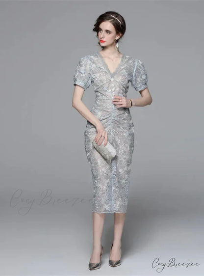 and Flower V-Neck Gown Embroidery Blue with Light Pleats
