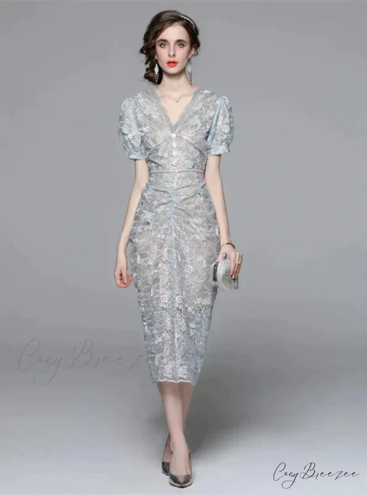 and Flower V-Neck Gown Embroidery Blue with Light Pleats