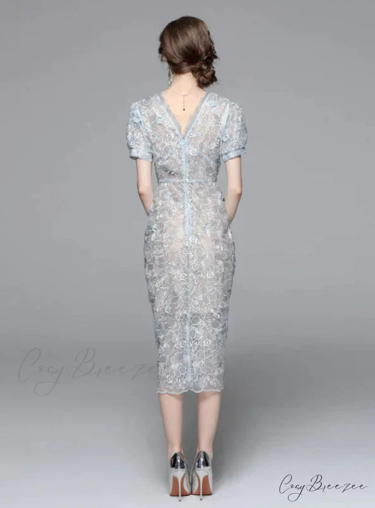 and Flower V-Neck Gown Embroidery Blue with Light Pleats