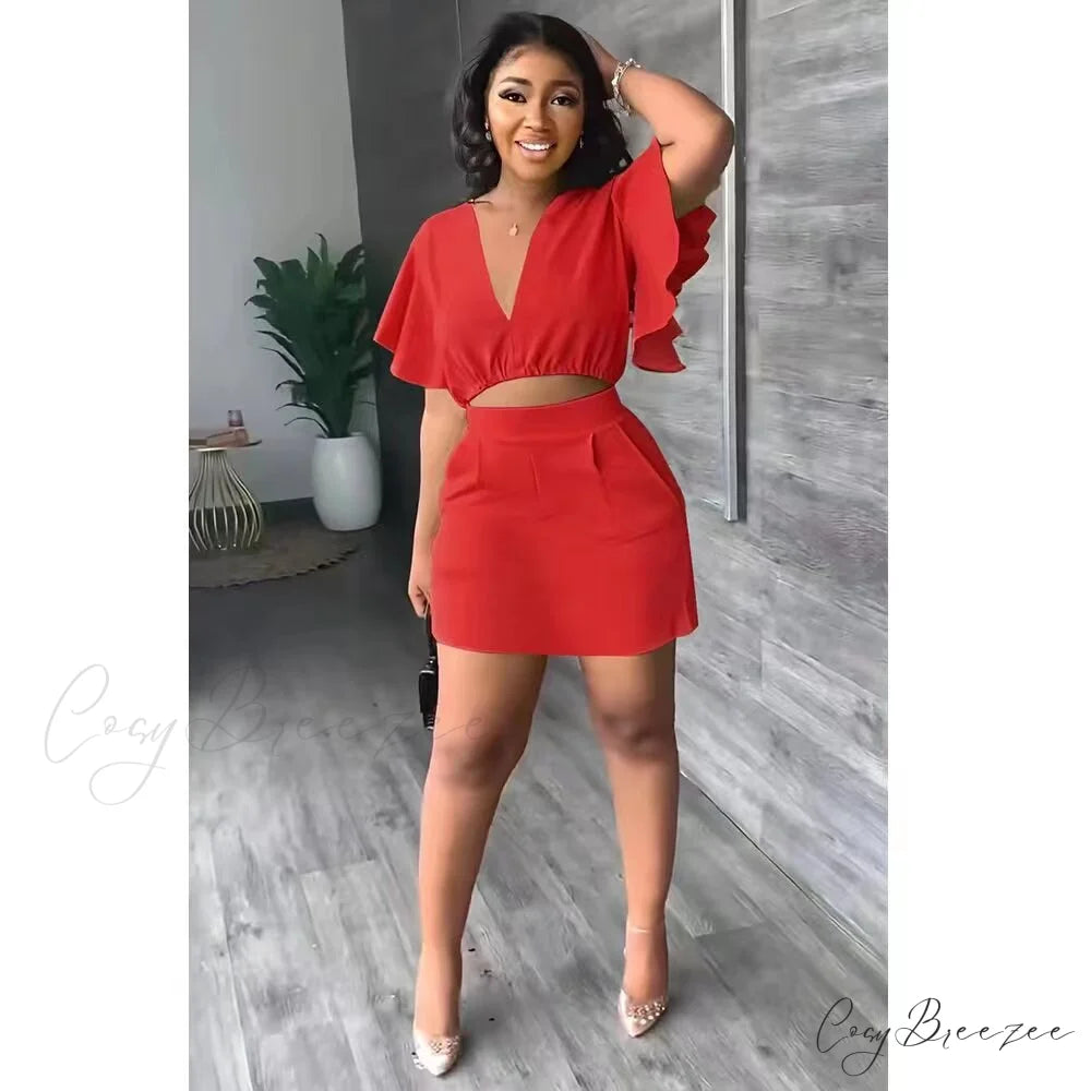 and for V-neck Tshirt A-line Fashion Mini Arm 2 High Waist Skirt Warm-Season Ruffle Piece Outfit Women