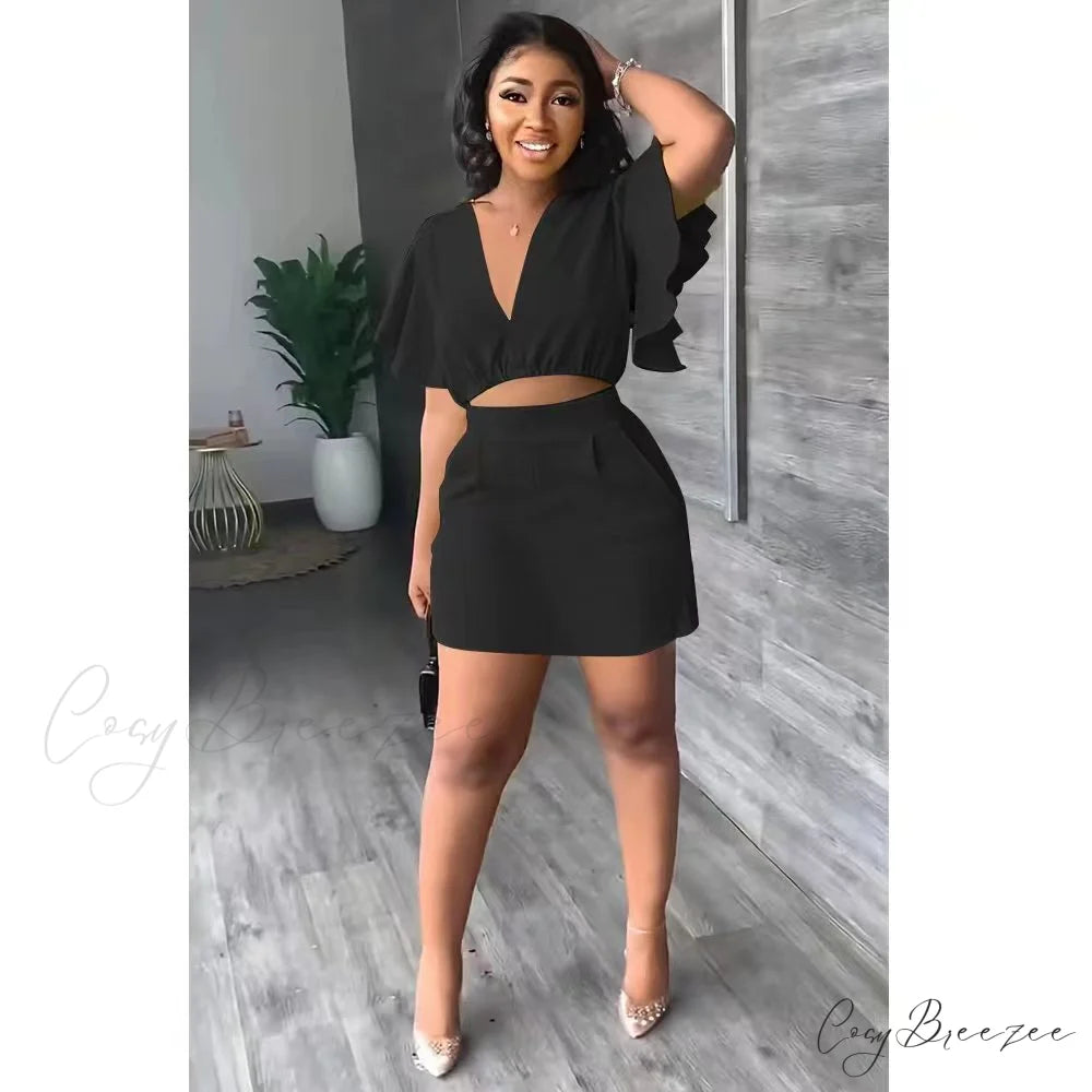 and for V-neck Tshirt A-line Fashion Mini Arm 2 High Waist Skirt Warm-Season Ruffle Piece Outfit Women Black / S