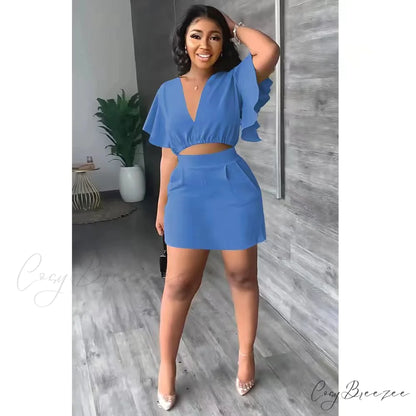 and for V-neck Tshirt A-line Fashion Mini Arm 2 High Waist Skirt Warm-Season Ruffle Piece Outfit Women Blue / S
