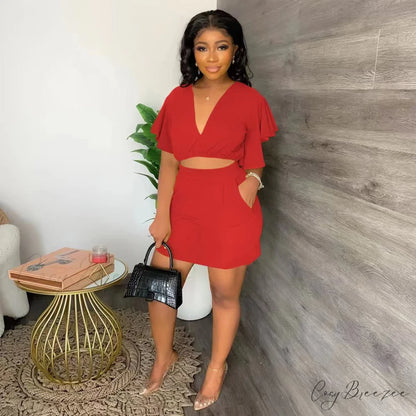 and for V-neck Tshirt A-line Fashion Mini Arm 2 High Waist Skirt Warm-Season Ruffle Piece Outfit Women Orange Red / S