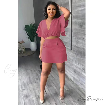 and for V-neck Tshirt A-line Fashion Mini Arm 2 High Waist Skirt Warm-Season Ruffle Piece Outfit Women purple / S