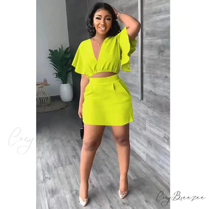 and for V-neck Tshirt A-line Fashion Mini Arm 2 High Waist Skirt Warm-Season Ruffle Piece Outfit Women yellow / S