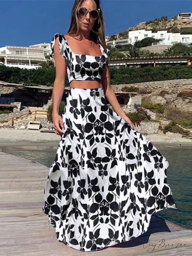 and High Flowered Long Waisted Top Crop Skirt Set S / Black