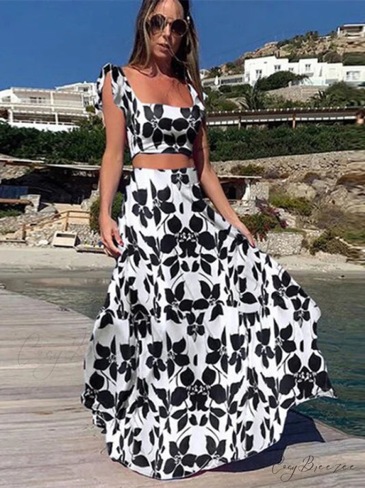 and High Flowered Long Waisted Top Crop Skirt Set S / Black