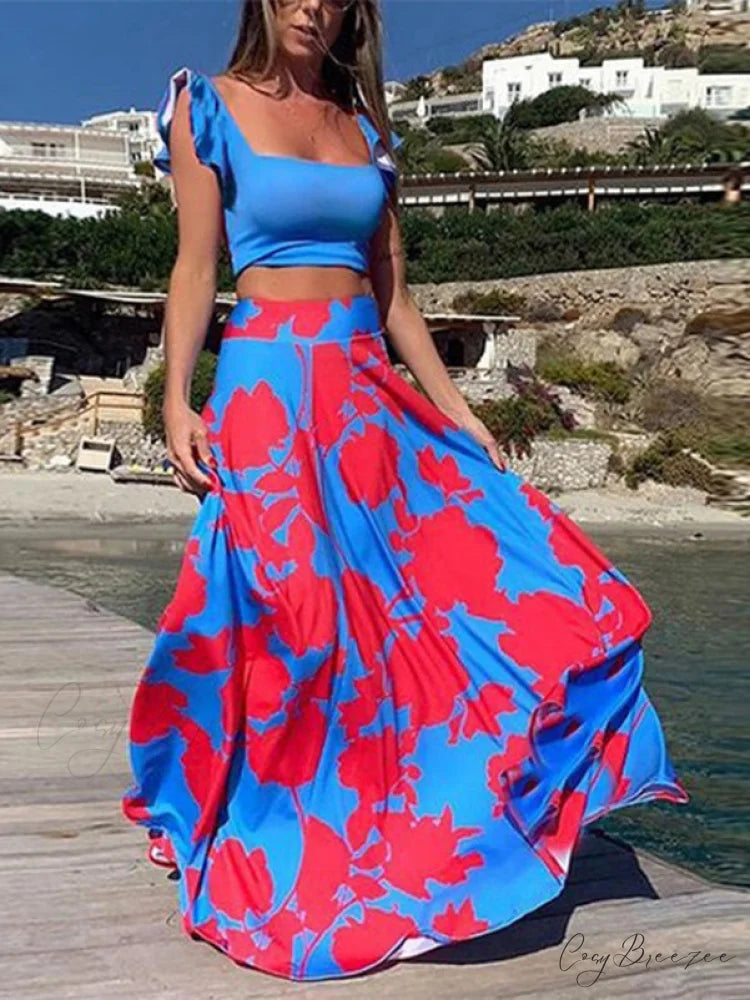 and High Flowered Long Waisted Top Crop Skirt Set S / Blue