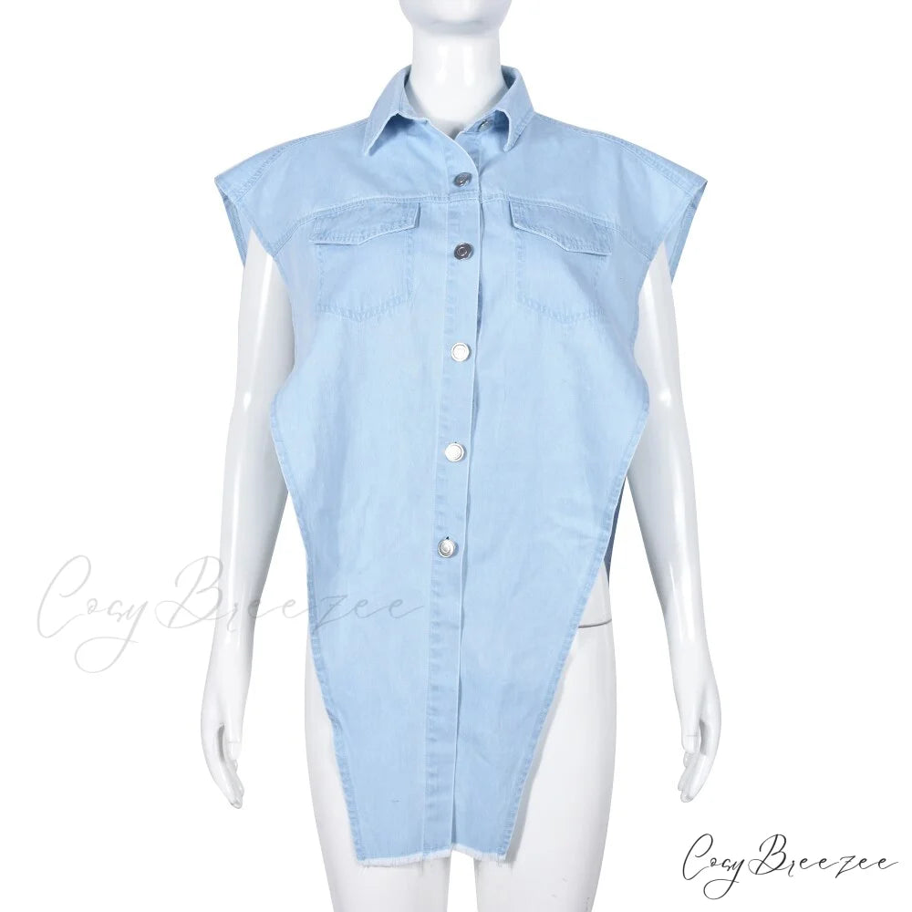 and Irregular with Out Denim Vest Hollow Shoulder Length Detail Hem Blue / S