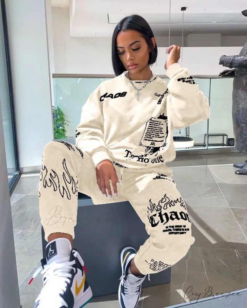 and Oversized Women’s Sweatshirt Design Hoodies Letter Pants Joggers Autumn Set Beige / S