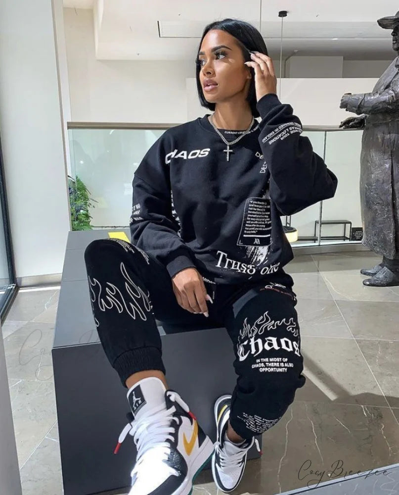 and Oversized Women’s Sweatshirt Design Hoodies Letter Pants Joggers Autumn Set Black / S
