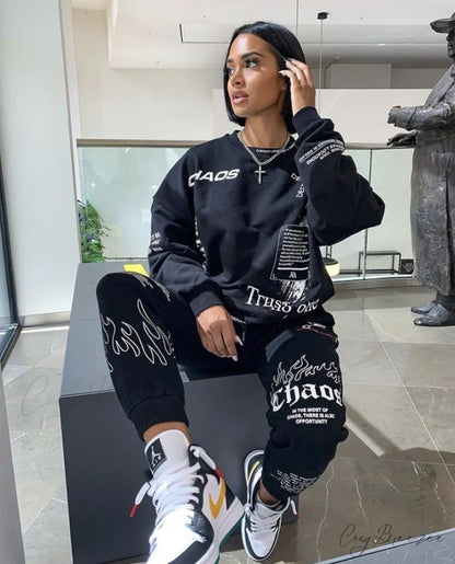 and Oversized Women’s Sweatshirt Design Hoodies Letter Pants Joggers Autumn Set Black / S