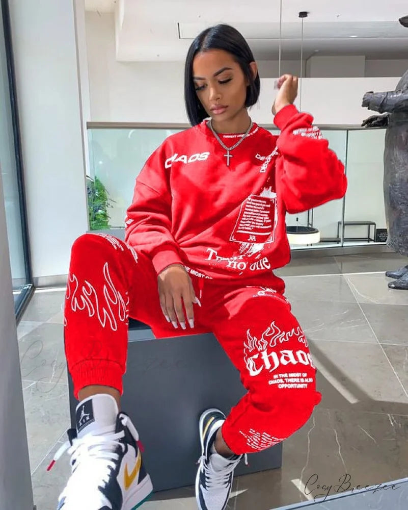 and Oversized Women’s Sweatshirt Design Hoodies Letter Pants Joggers Autumn Set Red / M