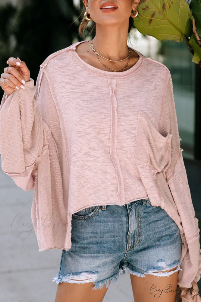 and Top Chest Exposed Pocket Loose Seam Oversized with Pink Sleeves Pink / S / 65% Polyester + 35% Cotton