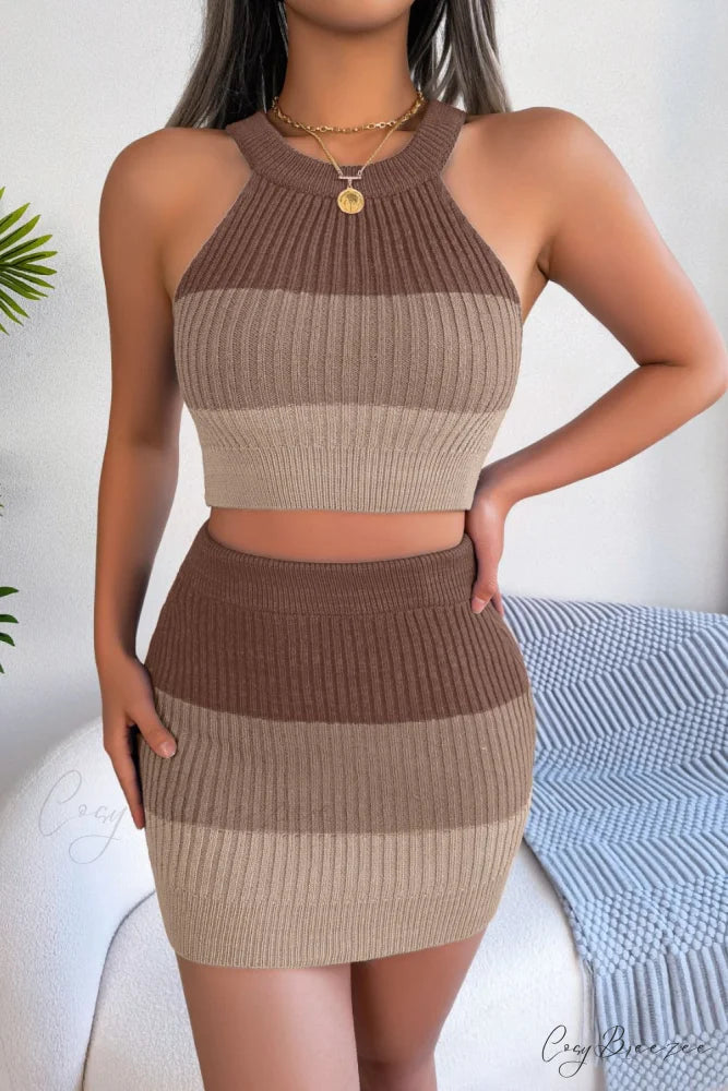 and with Set Skirt Crop Sleeveless Color Top Block Knit Design Camel / S