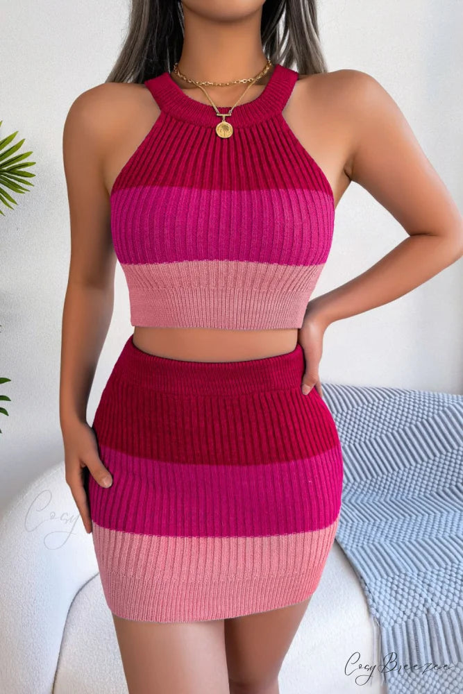 and with Set Skirt Crop Sleeveless Color Top Block Knit Design Deep Rose / S