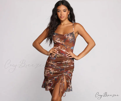 Angelic Beauty Stylish Ruched Mini Dress BROWN / S