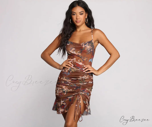 Angelic Beauty Stylish Ruched Mini Dress BROWN / S