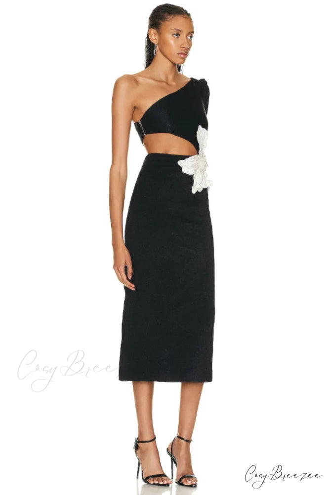 Angelica One-Shoulder Stylish Flower Appliqu茅 Dress