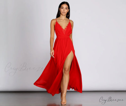 Angelique Formal High Charming Slit Lace Dress RED / S