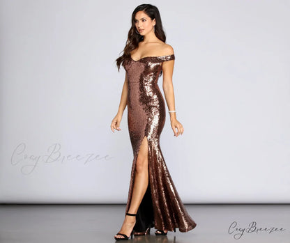 Anika Off The Charming Shoulder Sequin Dress